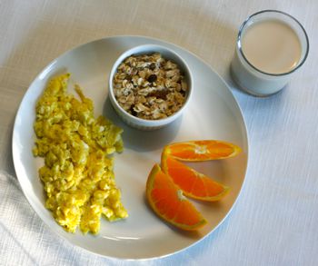 A healthy breakfast of eggs, sugarless muesli, fruit and sugar free cashew milk.